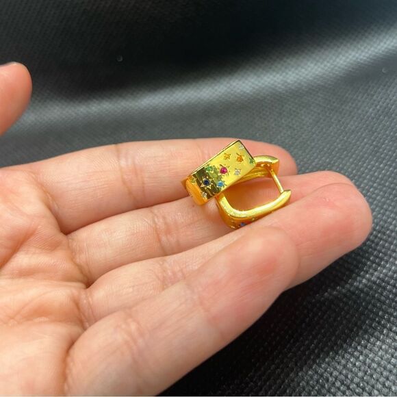 Gold-Plated Sterling Silver Huggie Hoop Earrings with Multicolored Gemstones - Picture 6 of 10